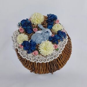 Decorative Wicker Wall Basket with Blue Rabbit and Floral Accents